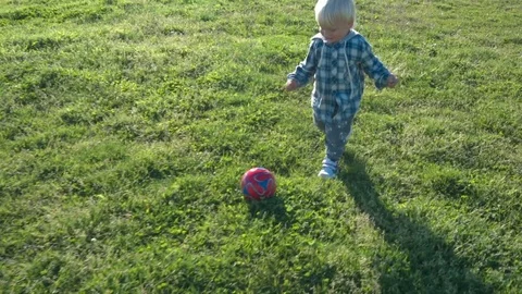 One and a half year old boy joyfully chases the ball on the field Video stock 74398103