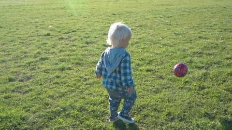 One and a half year old boy joyfully chases the ball on the field Video stock 74398201