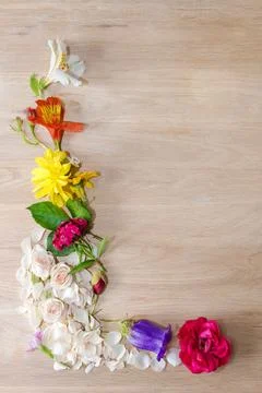 One angle frame made of different flowers on wooden background. Stock Photos
