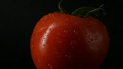 One appetizing ripe tomatoes on a mirror black background. Rotating table 動画素材 108826967