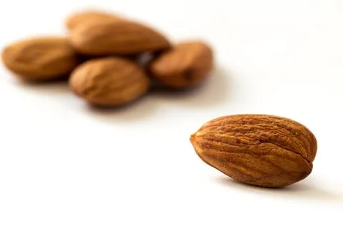 One apricot kernel on white surface with blurred apricot kernels on backgroun Stock Photos
