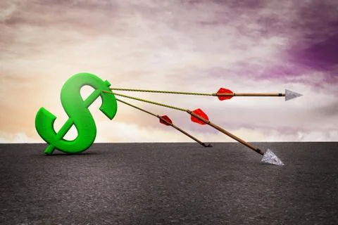 One arrows dragging a green dollar icon with others arrows Stock Illustration