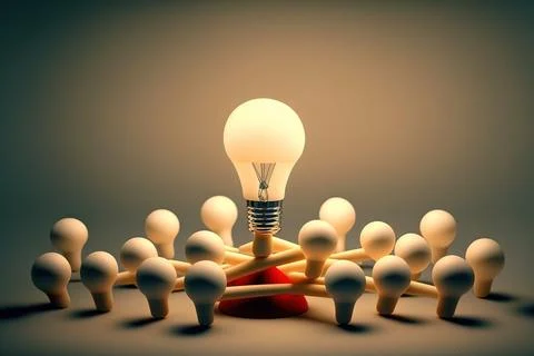 One big idea versus many small ideas with light bulbs - 3D rendering. Stock Illustration