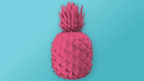 One big pink pineapple, blue mint background, spinning colorful fruits, minimal Stock Footage 102305801