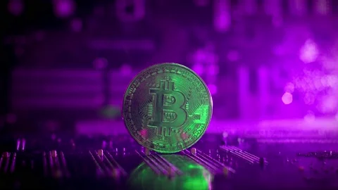 One bitcoin on the background of microboards. neon magenta. close-up. Video stock 146420099