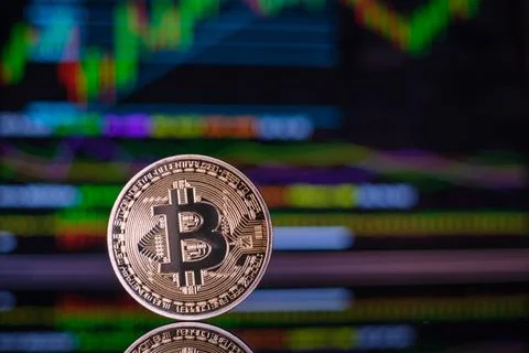 One bitcoin coin in front of a chart graphic Stock Photos