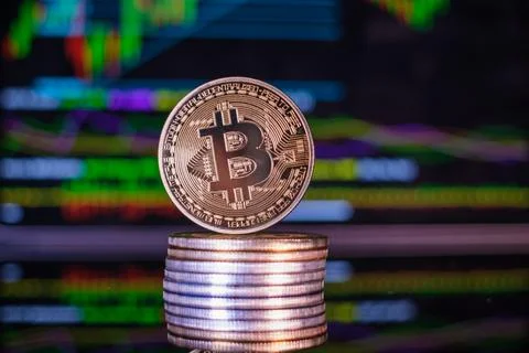 One  bitcoin coin on a stack of other coins Stock Photos