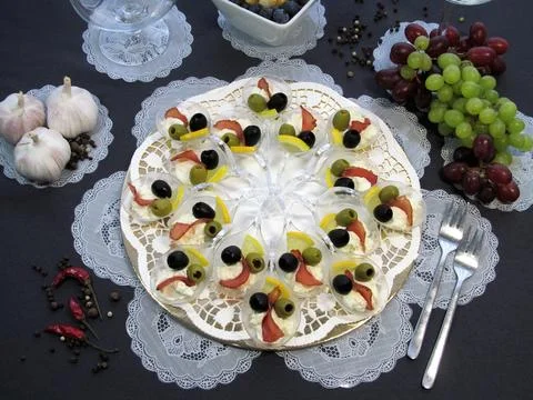 One-bite snacks with olives Stock Photos