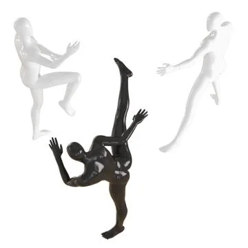 One black and two white mannequins stand against each other in different stan Stock Illustration