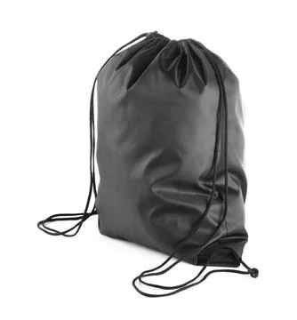 One black drawstring bag isolated on white Stock Photos