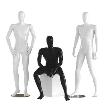 One black, faceless mannequin guy sits on a white box and two white mannequin Stockillustratie