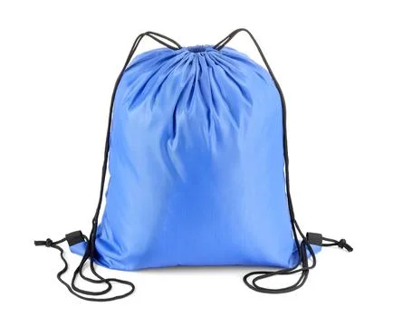 One blue drawstring bag isolated on white Foto stock