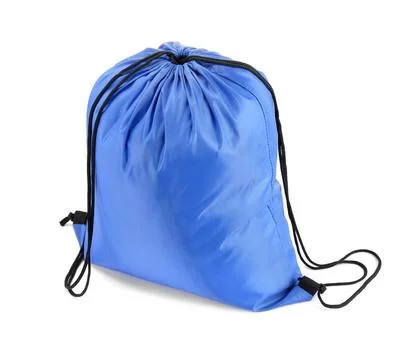 One blue drawstring bag isolated on white Stock Photos