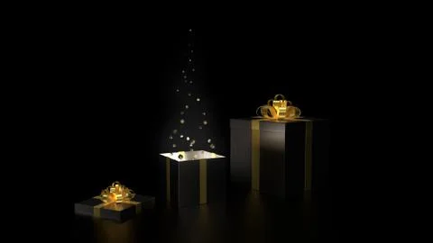 One box glows and small gifts fly out of it. 3D rendering Stock Illustration
