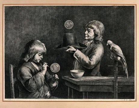 One boy is blowing bubbles and another bouncing one off his hat, a parrot s.. Stock Illustration