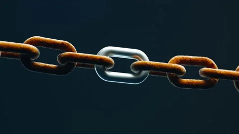 One brand new shiny link in a rusty old steel chain. Modern tough material. 4KHD Stock Footage 201229586