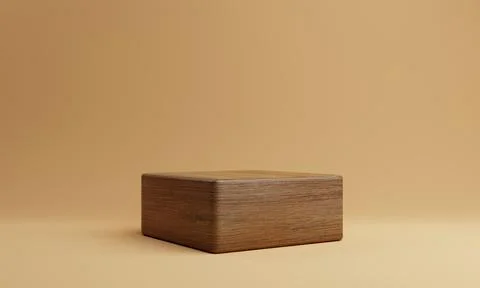 One brown wooden rectangle cube product stage podium on orange background. .. Stock Illustration