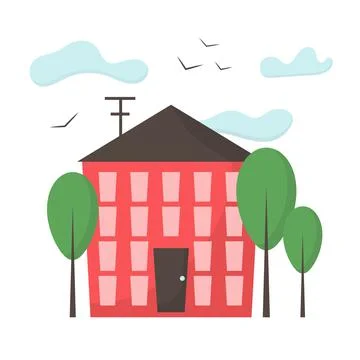 One building is red with windows and a door. Ilustración de archivo