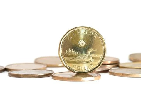 One canadian dollar coins stack on white background Stock Photos