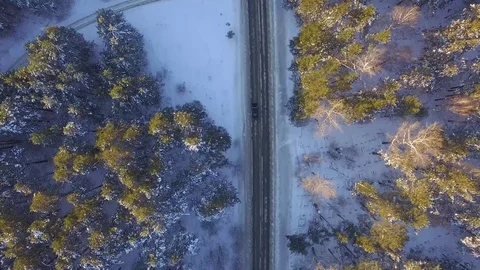 One car driving through the winter forest on country road. Top view from drone Stock Footage 77520904