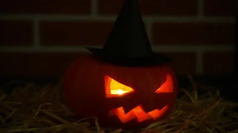 One carved pumpkin with black hat and lighted candle inside. Stock Footage 219357624