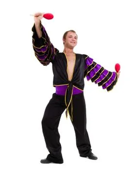 One caucasian man samba dancer dancing isolated on white in full length Stock Photos