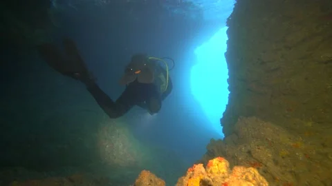 One Cave Diver is Exiting  anUnderwater Cave Stock Footage 147014548