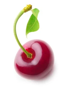 One cherry with leaf isolated on white, top view Foto stock