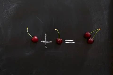 One Cherry plus one cherry equals a pair of cherries Stock Photos
