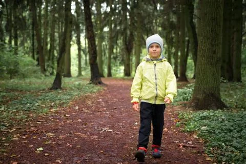 One child walks on forest path in park. Stock Photos