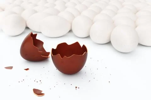 One chocolate egg broken on two pieces. Chocolate egg around white eggs, concept Stock Illustration