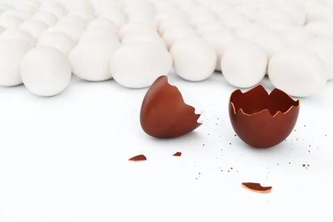 One chocolate egg broken on two pieces. Chocolate egg around white eggs, concept Stock-Illustration