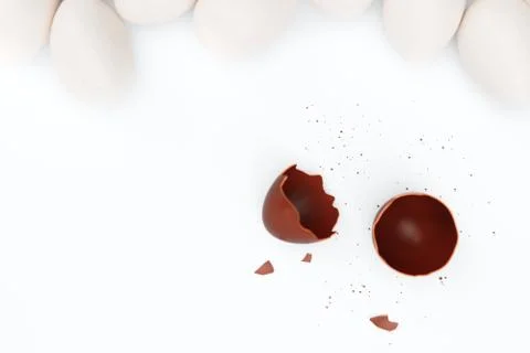 One chocolate egg broken on two pieces. Chocolate egg around white eggs, concept Stock-Illustration