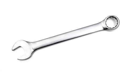 One chrome-plated spanner. Isolated on a white background. Stock Photos