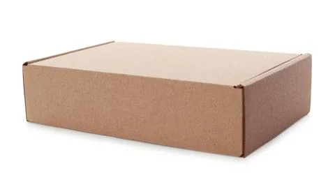 One closed cardboard box isolated on white. Mockup for design Stock Photos