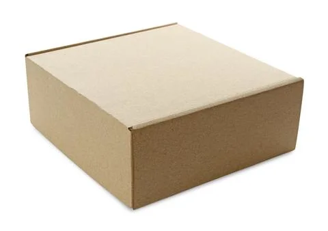 One closed cardboard box isolated on white. Mockup for design Foto stock