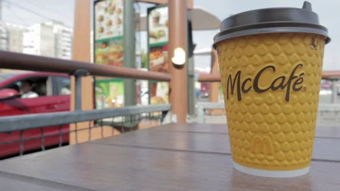 One coffee cup on the table with hot tea or coffee. Stock Footage 170857215