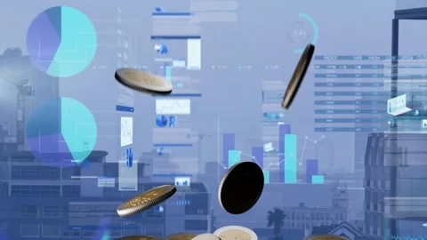 One coin at top center starting coins falling spinning colliding piling showing Stock Footage 338356272