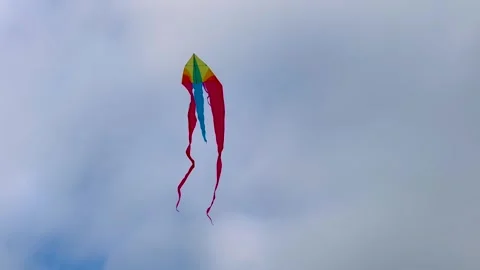 One colorful kite is flying in the cloudy gray sky during summer festival Stock Footage 339023514
