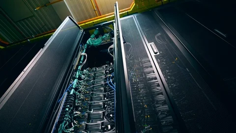 One computer with many cables in a server room. Stock Footage 118614353