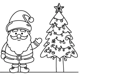 One Continuous black line art drawing of Santa Claus with gift box outline .. Stock Illustration