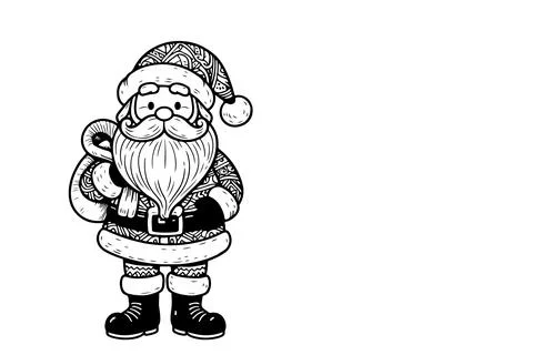 One Continuous black line art drawing of Santa Claus with gift box outline .. Stock Illustration