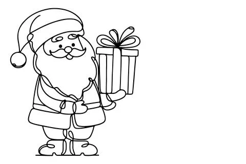 One Continuous black line art drawing of Santa Claus with gift box outline .. Stock Illustration