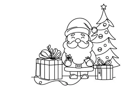 One Continuous black line art drawing of Santa Claus with gift box outline .. Illustrazione stock