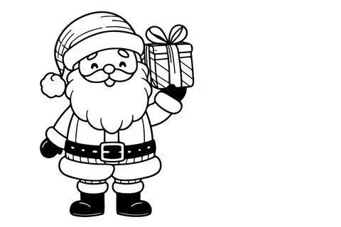 One Continuous black line art drawing of Santa Claus with gift box outline .. Illustrazione stock