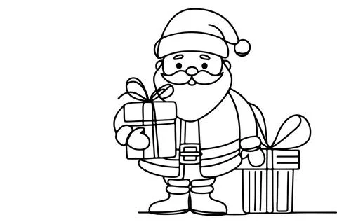 One Continuous black line art drawing of Santa Claus with gift box outline .. Stock Illustration