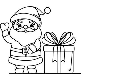 One Continuous black line art drawing of Santa Claus with gift box outline .. Illustrazione stock