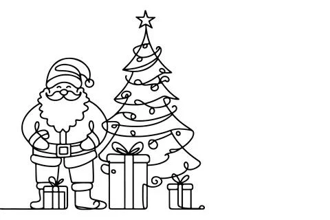 One Continuous black line art drawing of Santa Claus with gift box outline .. Stock Illustration