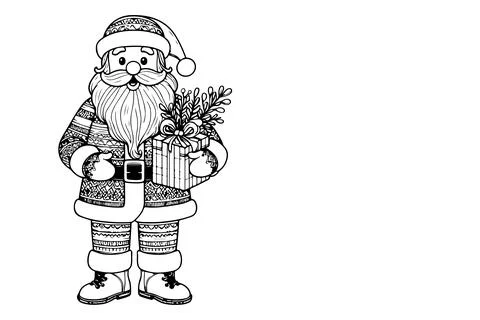 One Continuous black line art drawing of Santa Claus with gift box outline .. Stock Illustration
