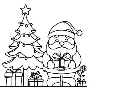 One Continuous black line art drawing of Santa Claus with gift box outline .. Stock Illustration